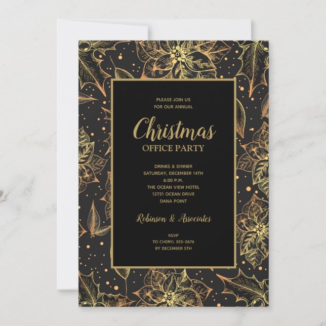 Gold and Black Floral Christmas Party Invitation (Front)