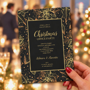 Gold and Black Floral Christmas Party Invitation