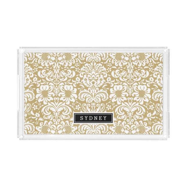 Gold and Black Floral Damask Monogram Acrylic Tray (Front)