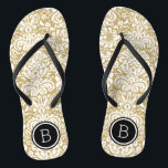 Gold and Black Floral Damask Monogram Flip Flops<br><div class="desc">Custom printed flip flop sandals with a stylish elegant floral damask pattern and your custom monogram or other text in a circle frame. Click Customize It to change text fonts and colors or add your own images to create a unique one of a kind design!</div>