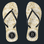 Gold and Black Floral Damask Monogram Flip Flops<br><div class="desc">Custom printed flip flop sandals with a stylish elegant floral damask pattern and your custom monogram or other text in a circle frame. Click Customize It to change text fonts and colors or add your own images to create a unique one of a kind design!</div>