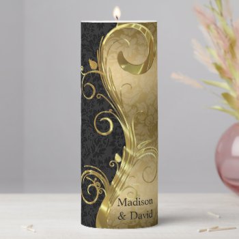 Gold And Black Floral Damask  Pillar Candle by gogaonzazzle at Zazzle