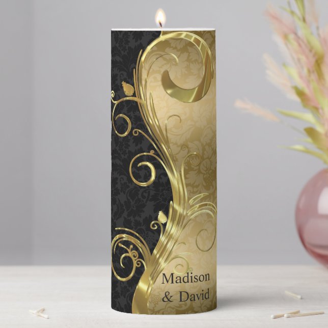 Gold And Black Floral Damask  Pillar Candle (In Situ)