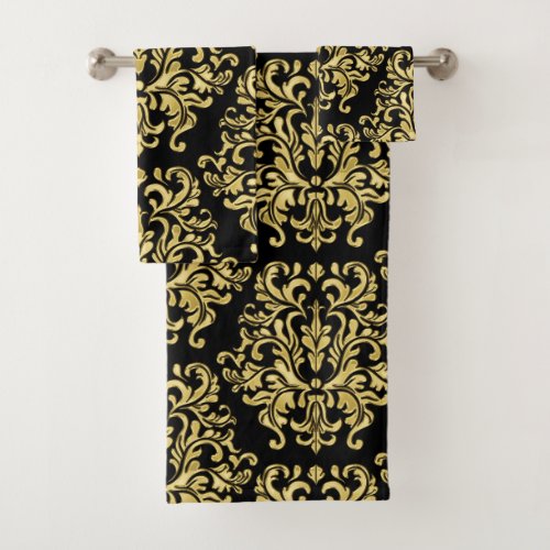 Gold and Black Floral Damask Print Towel Set