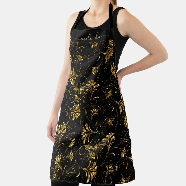 Gold and Black Floral Design Apron (Insitu)