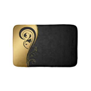 Gold and Black Floral Design Bath Mat