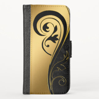 Gold and Black Floral Design iPhone X Wallet Case