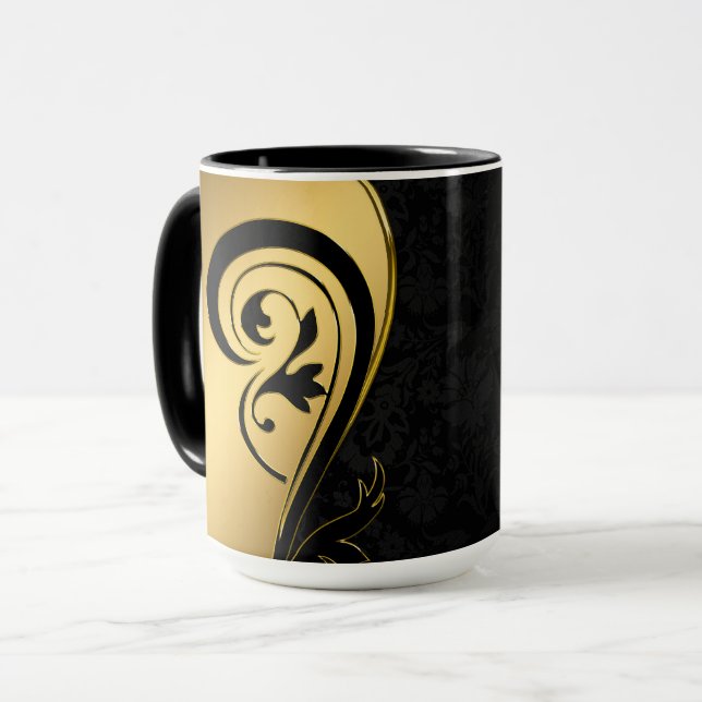Gold and Black Floral Design Mug (Front Left)