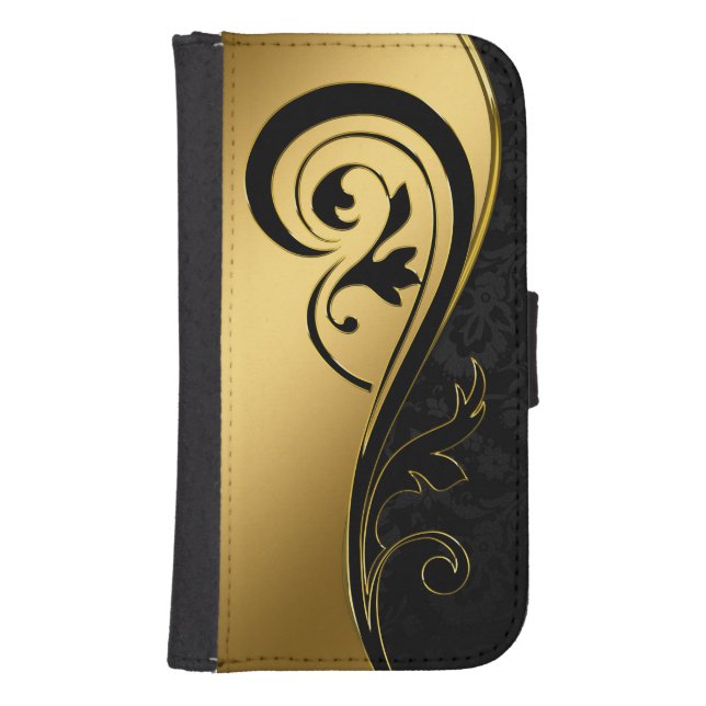 Gold and Black Floral Design Samsung Galaxy Wallet Case (Front)
