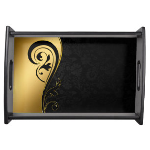 Gold and Black Floral Design Serving Tray