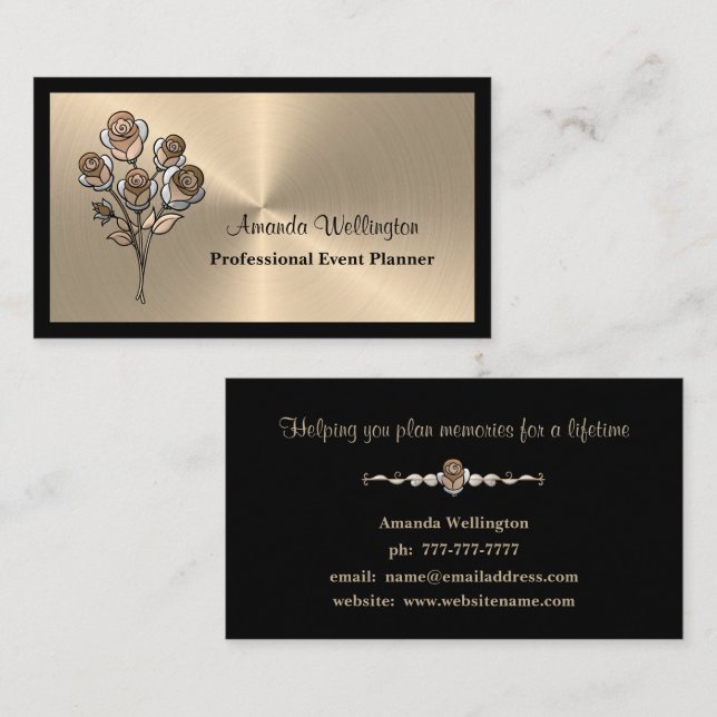 Gold and Black Floral Event Planner Business Card (Front/Back)
