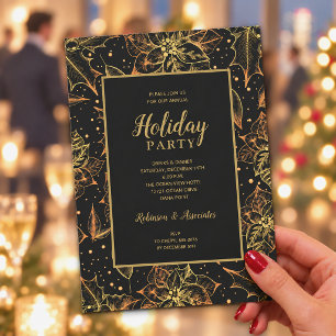 Gold and Black Floral Holiday Party Invitation