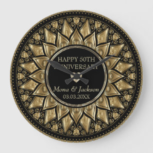 Gold And Black Floral Mandala Large Clock