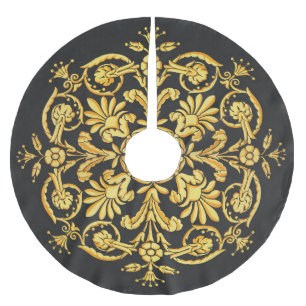 Gold And Black Floral Pattern Brushed Polyester Tree Skirt