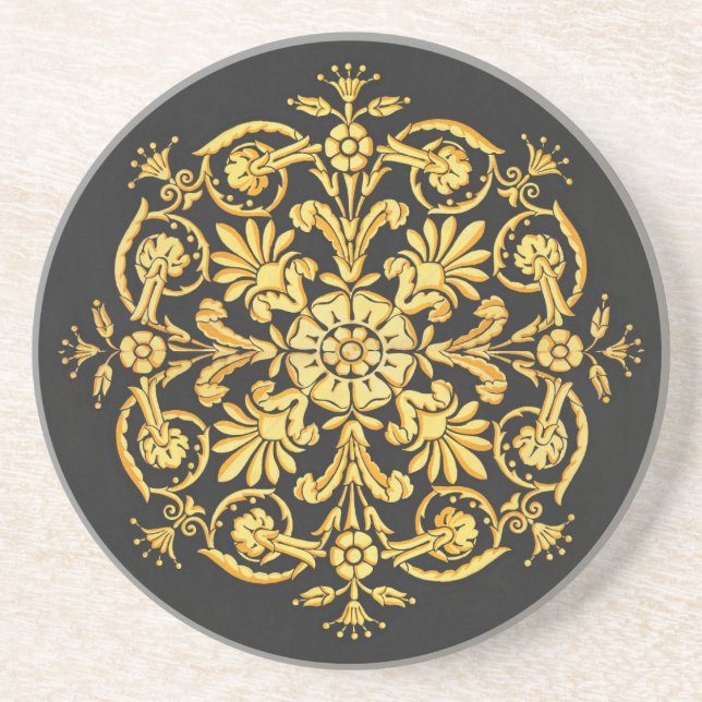 Gold And Black Floral Pattern Coaster (Front)