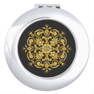 Gold And Black Floral Pattern Compact Mirror