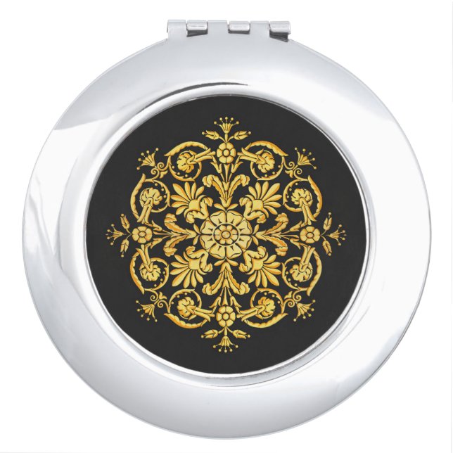 Gold And Black Floral Pattern Compact Mirror (Front)