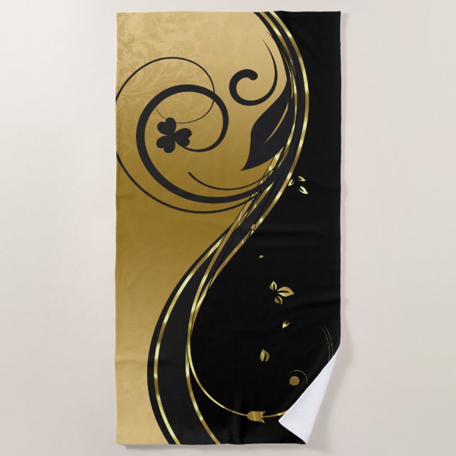 Gold and black floral swirl beach towel (Front)