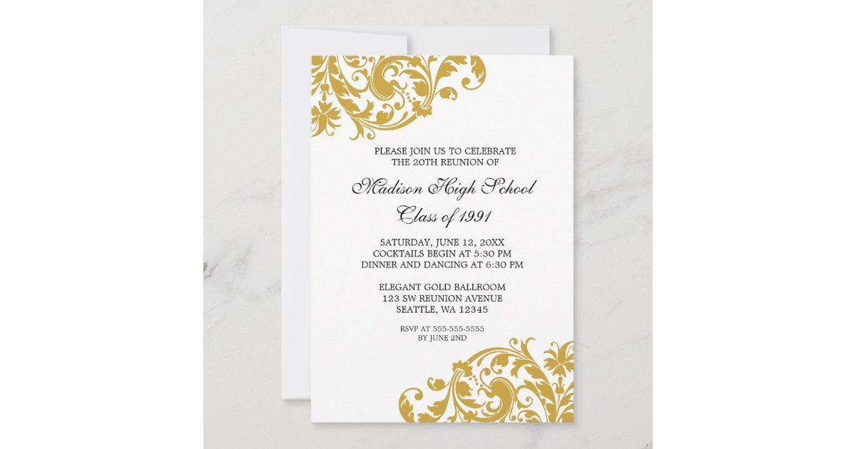 Gold and Black Flourish Class Reunion Invitation | Zazzle