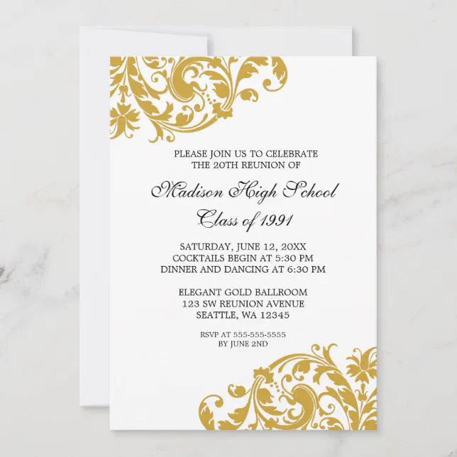 Gold and Black Flourish Class Reunion Invitation | Zazzle