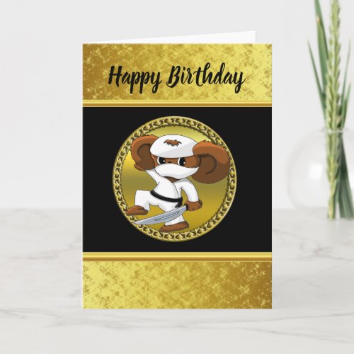 Gold and black foil Cheburashka bear with a sword Card