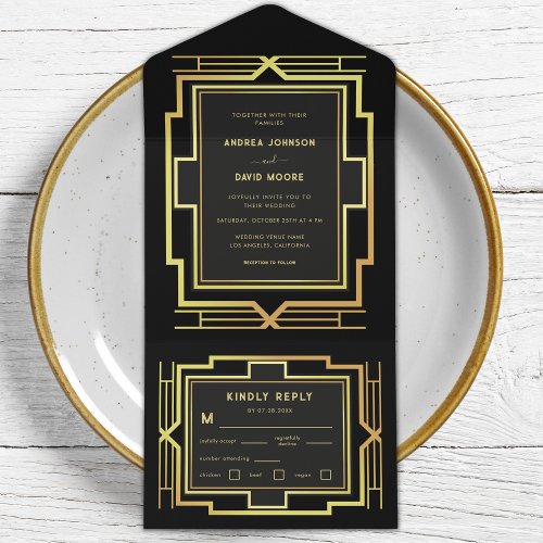 Gold and Black Gatsby Frame Retro Art Deco Wedding All In One Invitation