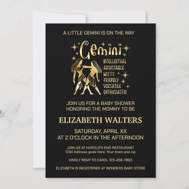 Gold and Black Gemini Zodiac Baby Shower Invitation (Front)