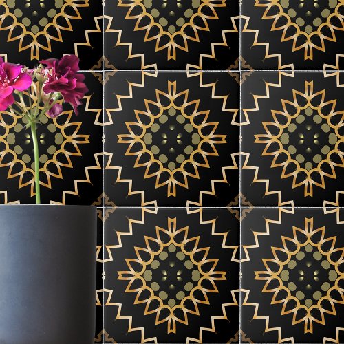 Gold and Black Geometric Ethnic Oriental Arabesque Ceramic Tile