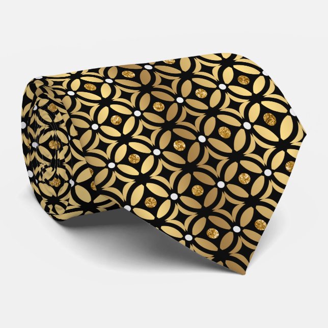 Gold And Black Geometric Pattern  Neck Tie (Rolled)