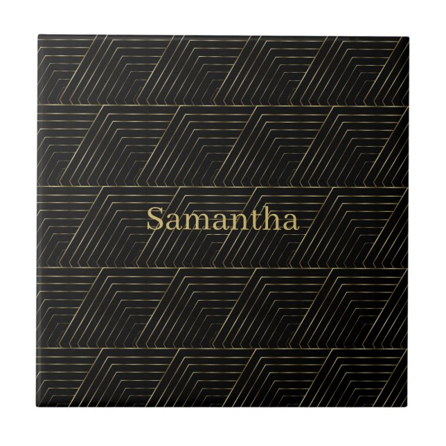 Gold And Black Geometric Repeat Pattern Ceramic Tile (Front)