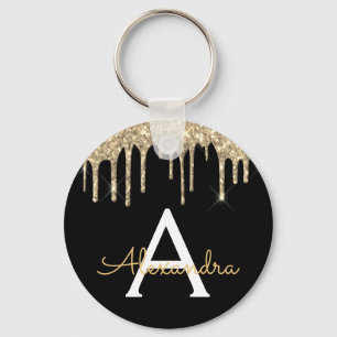 Gold and Black Girly Sparkly Glitter Monogram Keychain