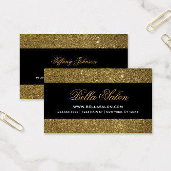 Gold And Black Glam Faux Glitter Business Card by jenniferstuartdesign at Zazzle