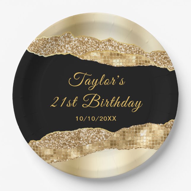 Gold and Black Glam Tears Birthday Party Paper Plates (Front)