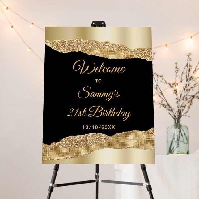 Gold and Black Glam Tears Birthday Welcome Foam Board (In Situ (Stand))