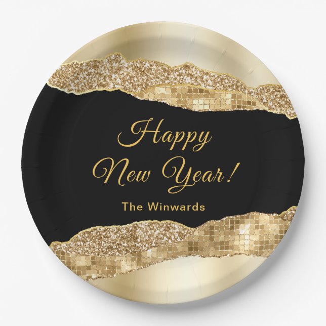 Gold and Black Glam Tears Happy New Year Paper Plates (Front)