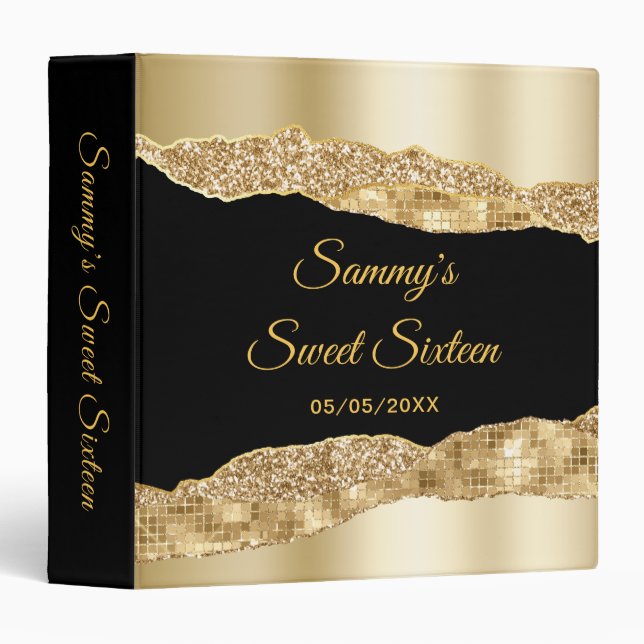 Gold and Black Glam Tears Sweet Sixteen 3 Ring Binder (Front/Spine)
