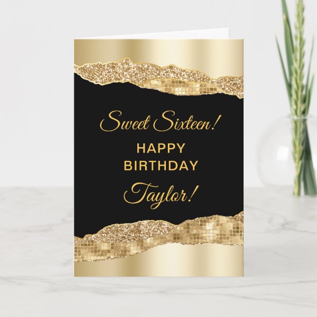 Gold and Black Glam Tears Sweet Sixteen Card (Front)