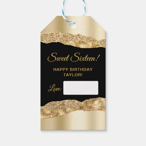 Gold and Black Glam Tears Sweet Sixteen Gift Tags