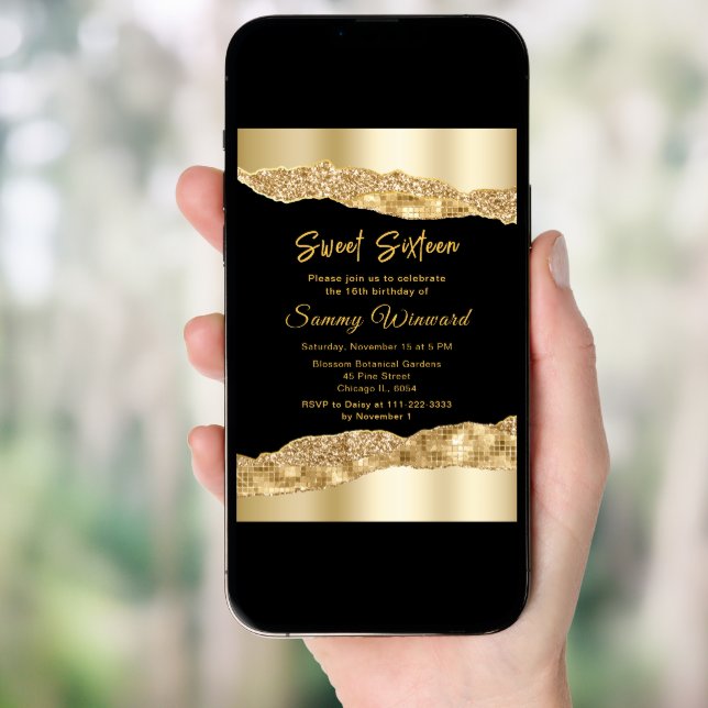 Gold and Black Glam Tears Sweet Sixteen Invitation (Front Digital)