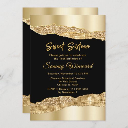 Gold and Black Glam Tears Sweet Sixteen Invitation