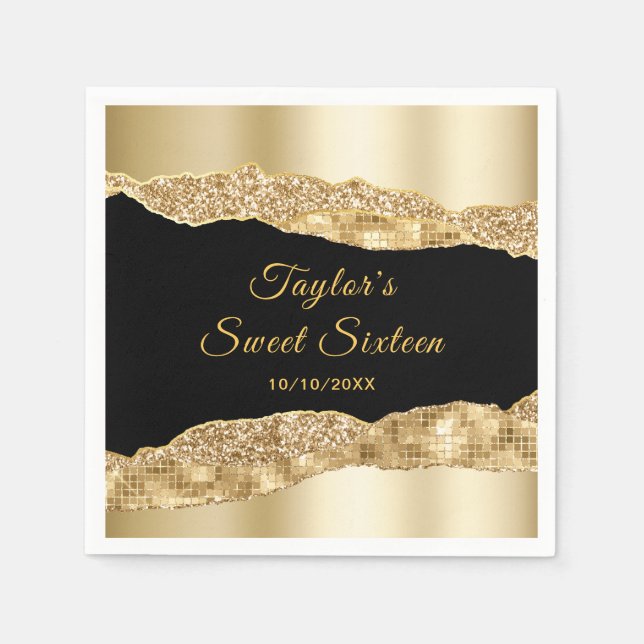 Gold and Black Glam Tears Sweet Sixteen Napkins (Front)