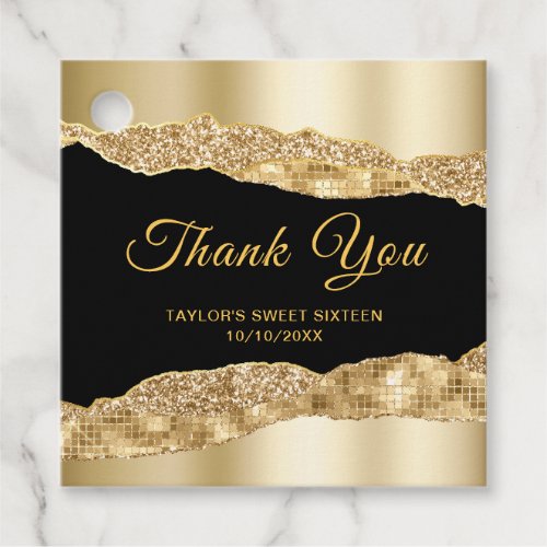 Gold and Black Glam Tears Sweet Sixteen Thank You Favor Tags