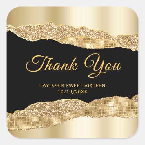 Gold and Black Glam Tears Sweet Sixteen Thank You Square Sticker