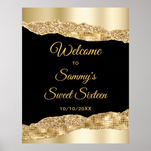 Gold and Black Glam Tears Sweet Sixteen Welcome Poster