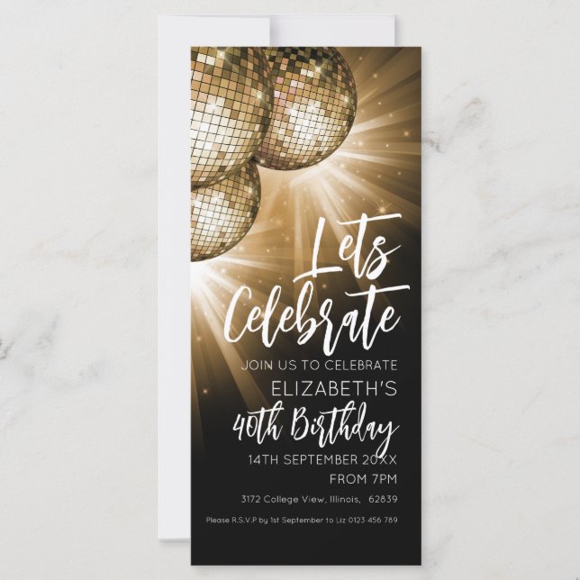 Gold and Black Glitter Ball Invitation (Front)