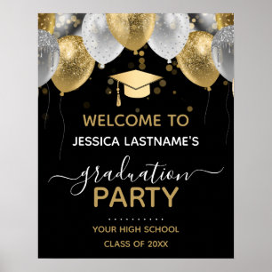 Gold and Black Glitter Balloons Graduation Party Poster