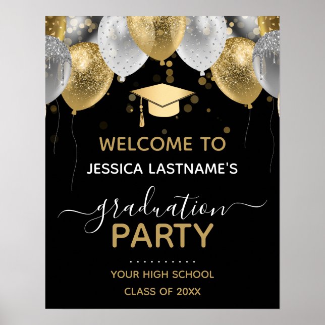 Gold and Black Glitter Balloons Graduation Party  Poster (Front)