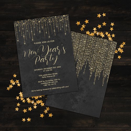 Gold And Black Glitter New Years Party  Invitation