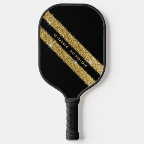 Gold and Black Glitter Sport Stripe Personalized Pickleball Paddle