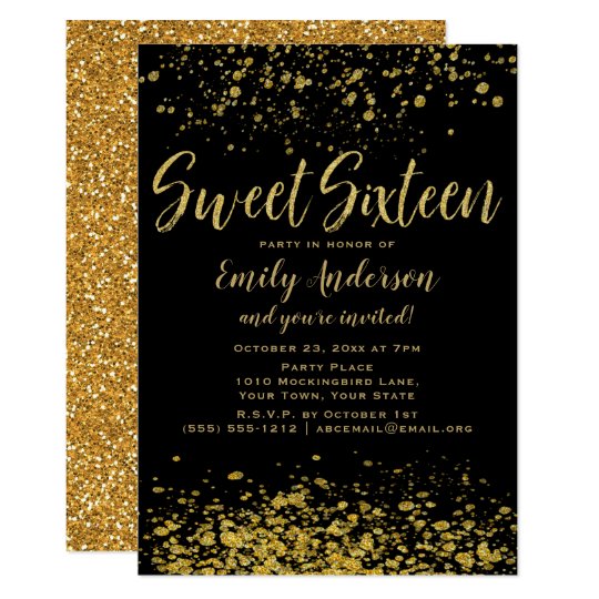 Gold And Black Glitter Sweet 16 Invitation 